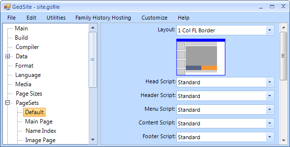 screenshot of Default pageset section with Layout set to 1 Col FL Border