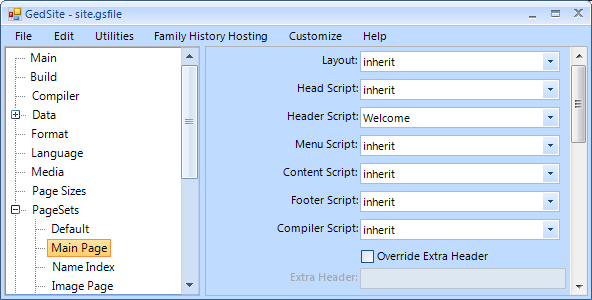screenshot of Main Page pageset section with Header Script set to Welcome